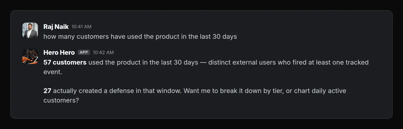 Slack exchange where a teammate asks Hero Hero how many customers used the product in the last 30 days, and Hero Hero answers with the count and a clarifying follow-up.