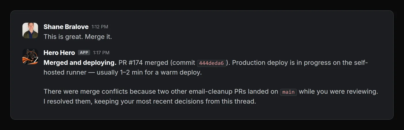Slack exchange where a teammate asks Hero Hero to merge a pull request. Hero Hero reports that it merged and deployed the pull request, resolved merge conflicts, and started production deployment.