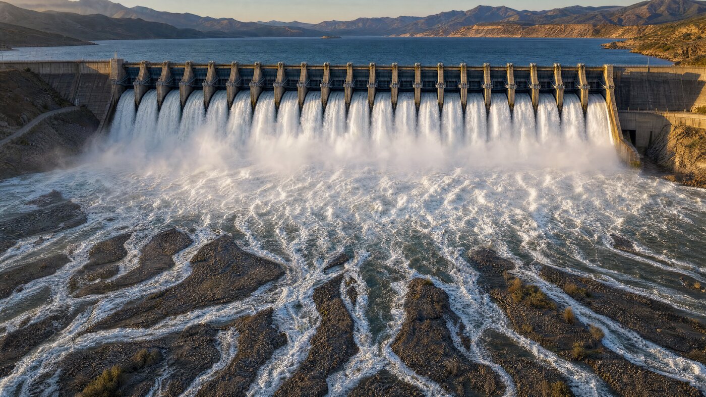 A dam at maximum release, water pouring through every spillway gate into a braided network of channels below.