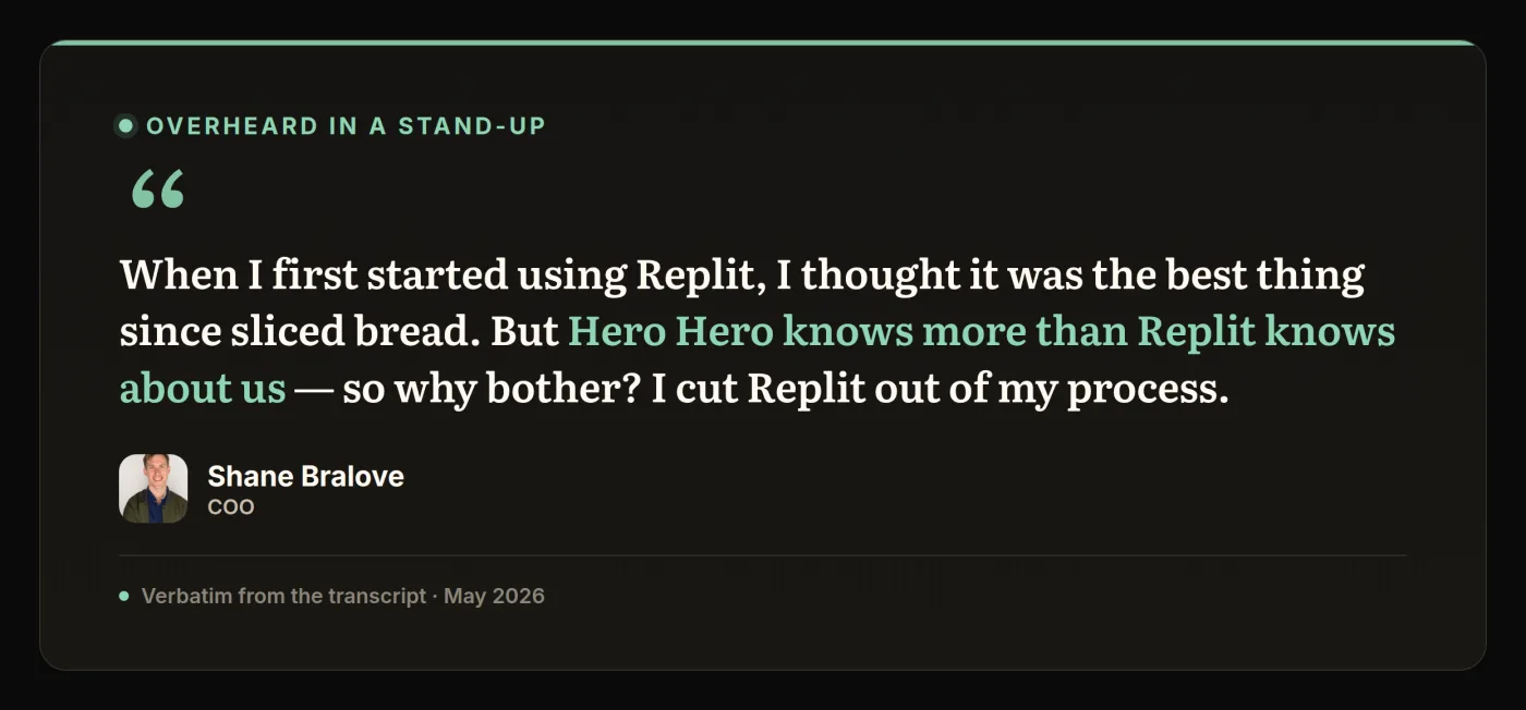 Quote from a stand-up where Shane Bralove says Hero Hero knows more about the company than Replit does, so he cut Replit out of his process.