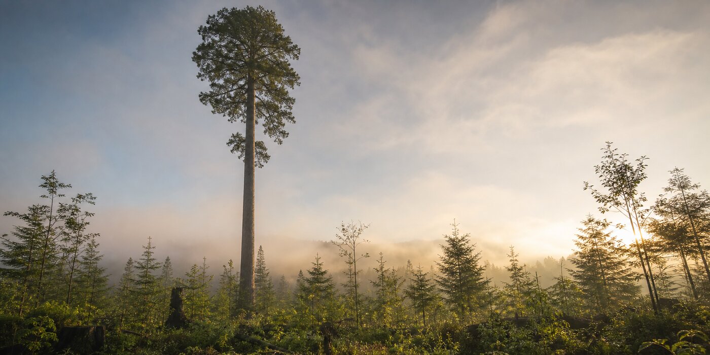 A single tall, mature tree towering above a field of young saplings in morning mist at sunrise.